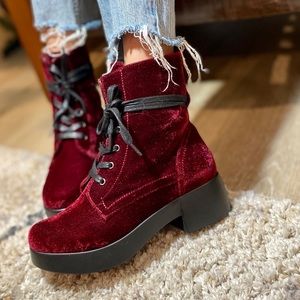 Grunge Velvet Burgundy Combat Lace Up Boots